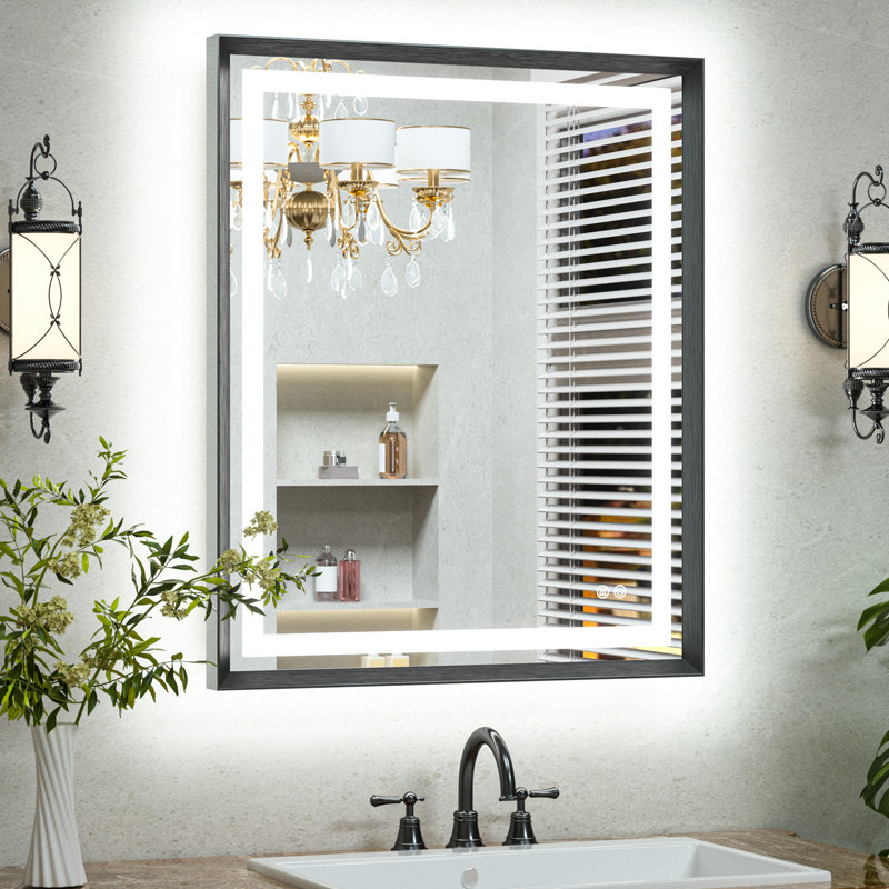 Dineen Front and Backlit LED Tempered Glass Vanity Mirror, 48" x 32", Dark Gray