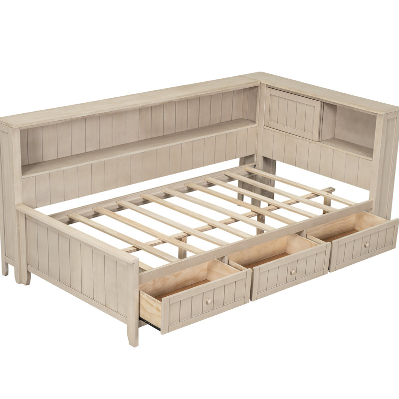 Twin Wood Daybed With Storage Space, 3 Drawers, Antique White, Construction, No Box Spring White Drawers And Shelves, Solid Wood,