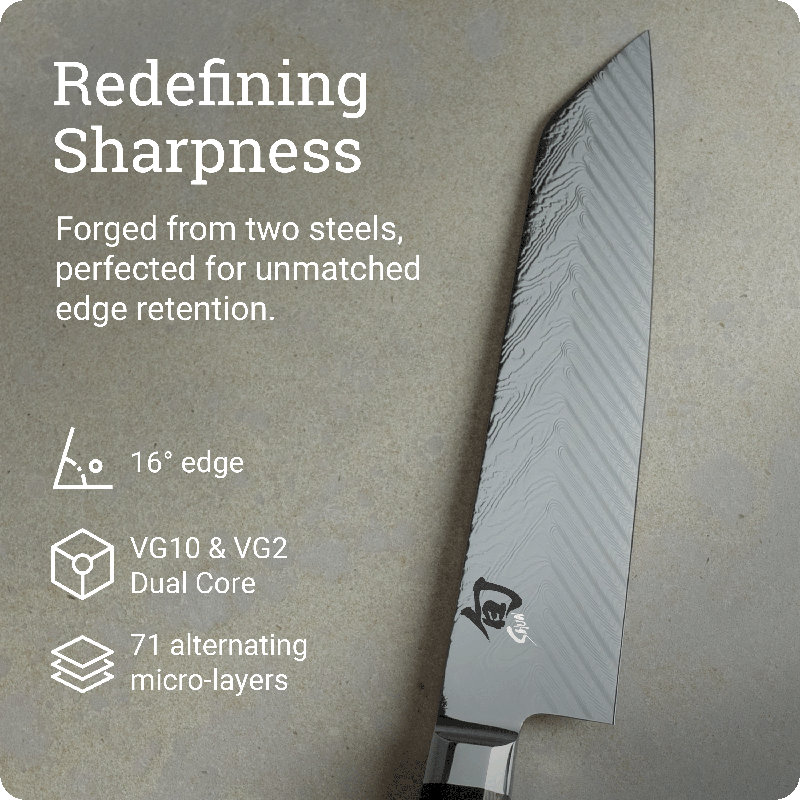 Shun Dual Core 8" Kiritsuke Knife, Handcrafted Japanese Kitchen Knife for Professional and Home Chefs, VG10 and VG2 Damascus Steel Blade, Pakkawood Handle