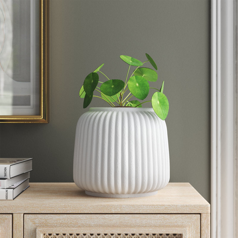 Galilee Cannelure White Ribbed Ceramic Cachepot Medium, 8.25" H x 8.75" W x 8.75" D