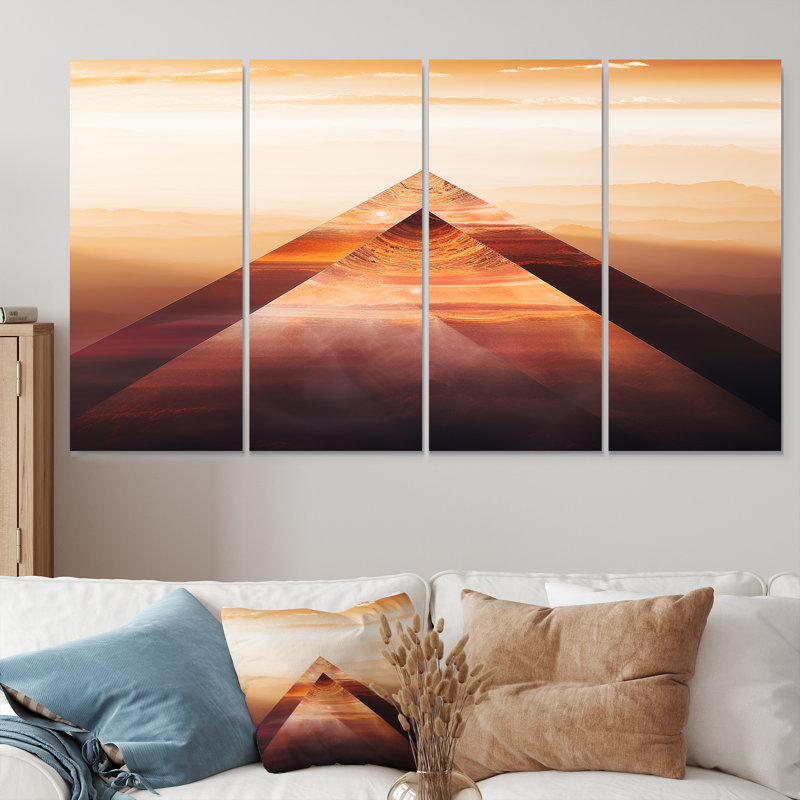«Triangular Desert Mountains Sunset», art mural abstrait pour le salon, 4 pièces, H 32 po x l 64 po