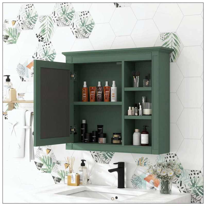 Armoire à pharmacie murale à miroir 3 tablettes ouvertes, Vert