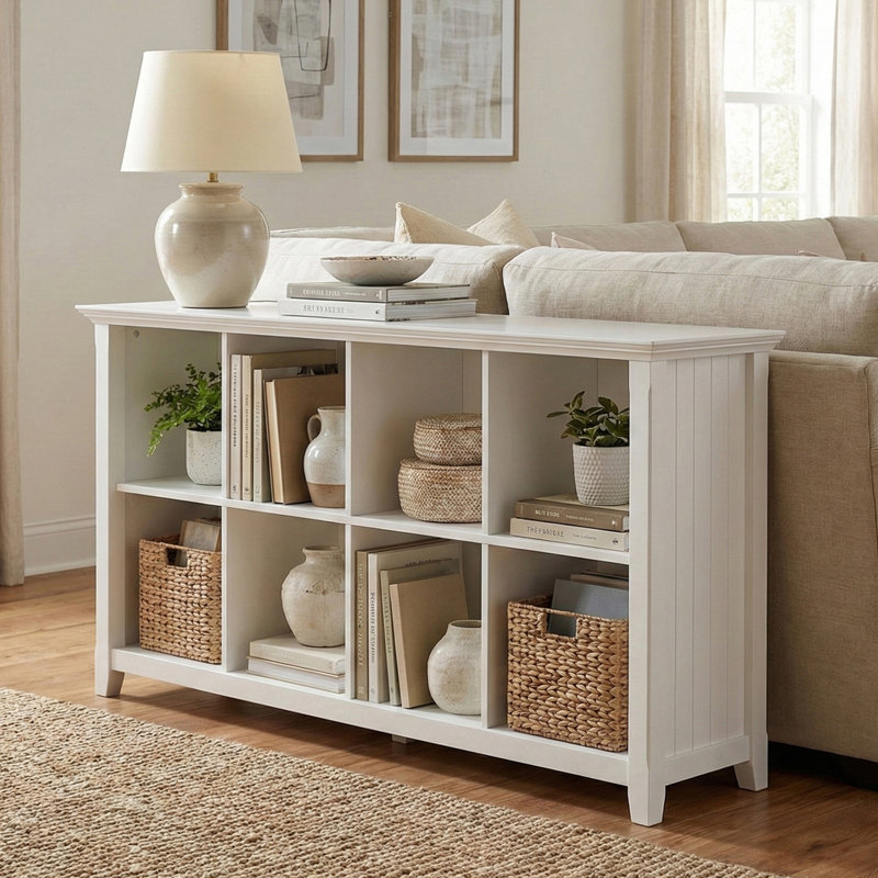 Acadian 57"W Solid Wood Transitional 8-Cube Storage Sofa Table with Grooved Side Panels and Tapered Legs, White