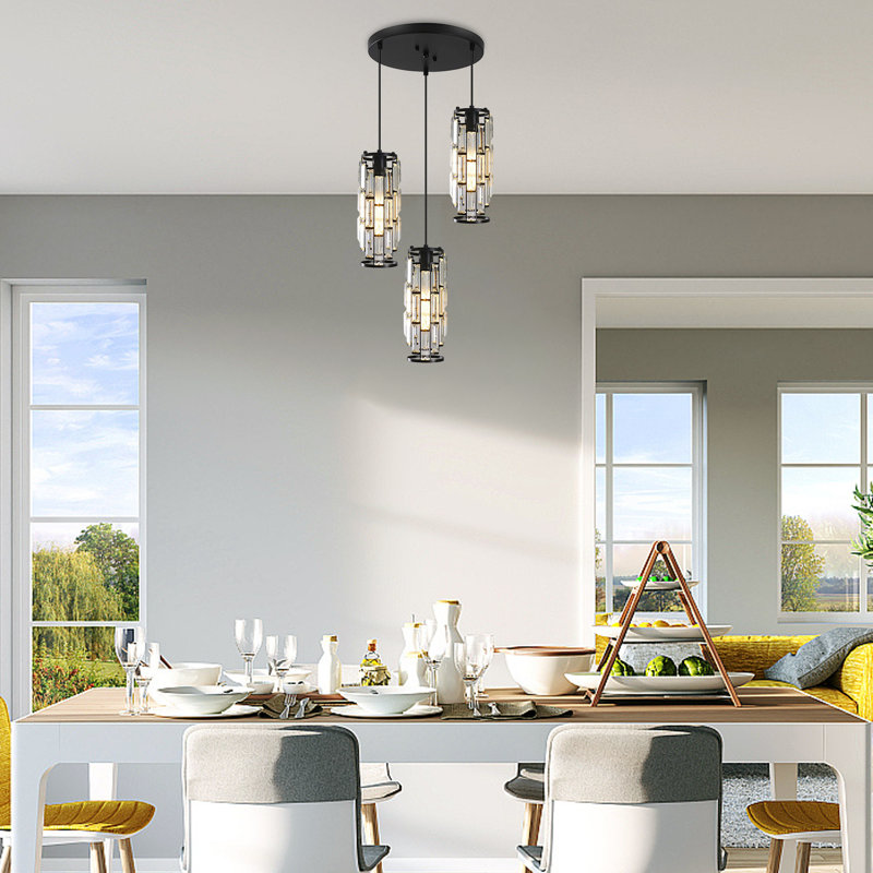Luminaire suspendu cylindrique à 3 lumières avec accents de cristal Grasmere, Noir
