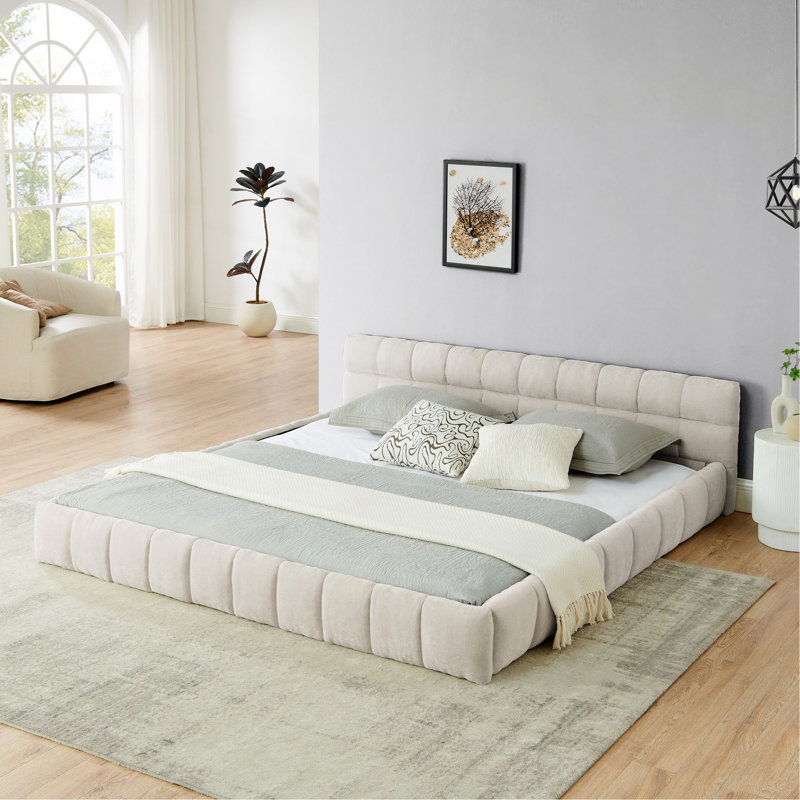 Grand cadre de lit tapissier grand avec tissu épais, lit plateforme grand format en chenille avec tête de lit et structure solide. Aucun sommier tapissier requis