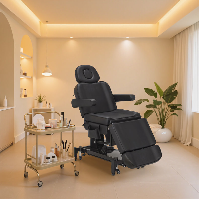 Lit de massage électrique à 3 moteurs avec hauteur réglable, pieds et dossier, lit pour le visage pour esthéticienne, Noir