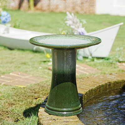 Bain d'oiseaux en céramique de 17 po pour l'extérieur, grand bain d'oiseaux élégant pour l'extérieur, bains d'oiseaux vernis à piédestal léger pour l'extérieur avec motif de tourbillons