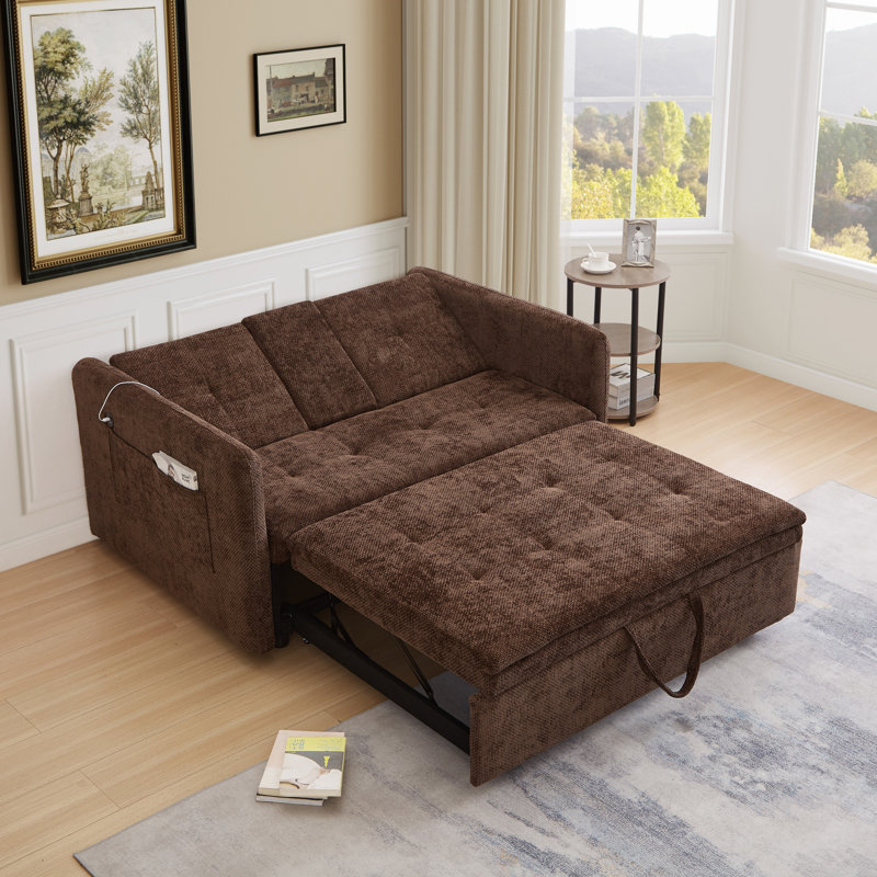 57" 3 In 1 Convertible Sleeper Sofa Bed with two cup holders, Futon Couch with Side Pocket, Usb, Brown