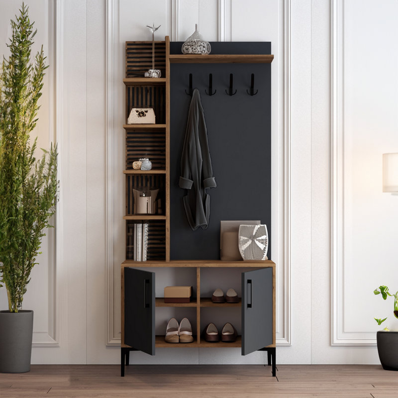 Hall Tree 35.4'' Wide With Shoe Storage, Walnut Anthracite
