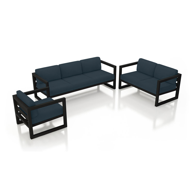 Avion 3 Piece Sofa Loveseat Set, Spectrum Indigo Sunbrella®, Black