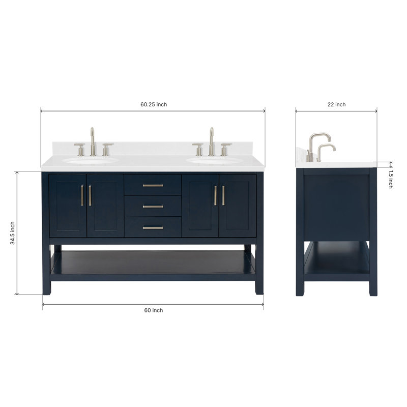 ARIEL Magnolia 60 Double Sink Bathroom Vanity with Top, Oval, Midnight Blue