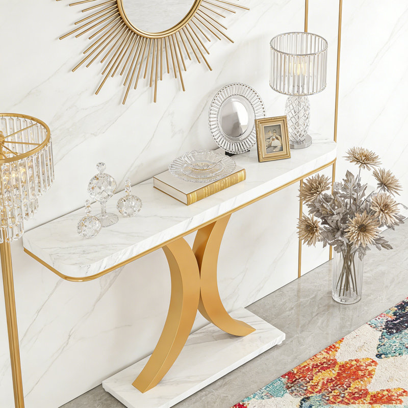 Narrow Entryway Foyer Table with Geometric Base, Faux Marble White/Gold