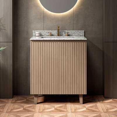 30" Bathroom Vanity&Sink,Freestanding Cabinet,Natural Granite Countertop&Ceramic Basin With 3 Pre-Drilled Faucet Holes,Disassembled,No Faucet,No Drain Set&Sink Cover, Heidelberg Woodgrain Color