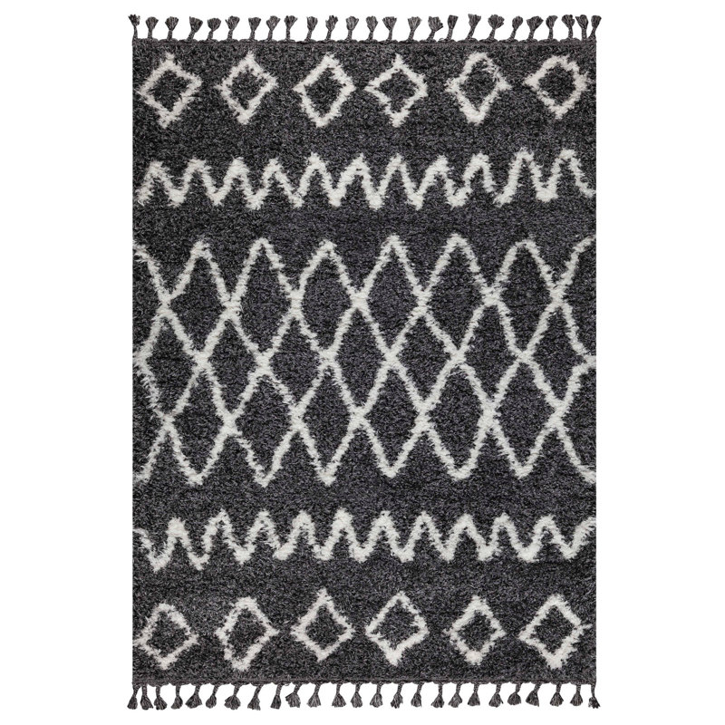 Tapis tissé de haute qualité, anthracite et blanc, 4,0 x 5,9 pi | 100% polyester brillant, hauteur de poils de 1,97 po | 400 000 points de fil, conception à franges | Semelle en jute de coton durable, facile à nettoyer, parfaite pour le salon et les chambres à coucher