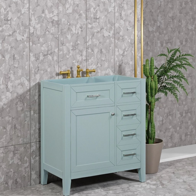 Base de meuble-lavabo moderne 30 po avec tiroirs et rangement fermé, armoire en bois d'hévéa massif et panneau de fibres à densité moyenne pour l'organisation de la salle de bain