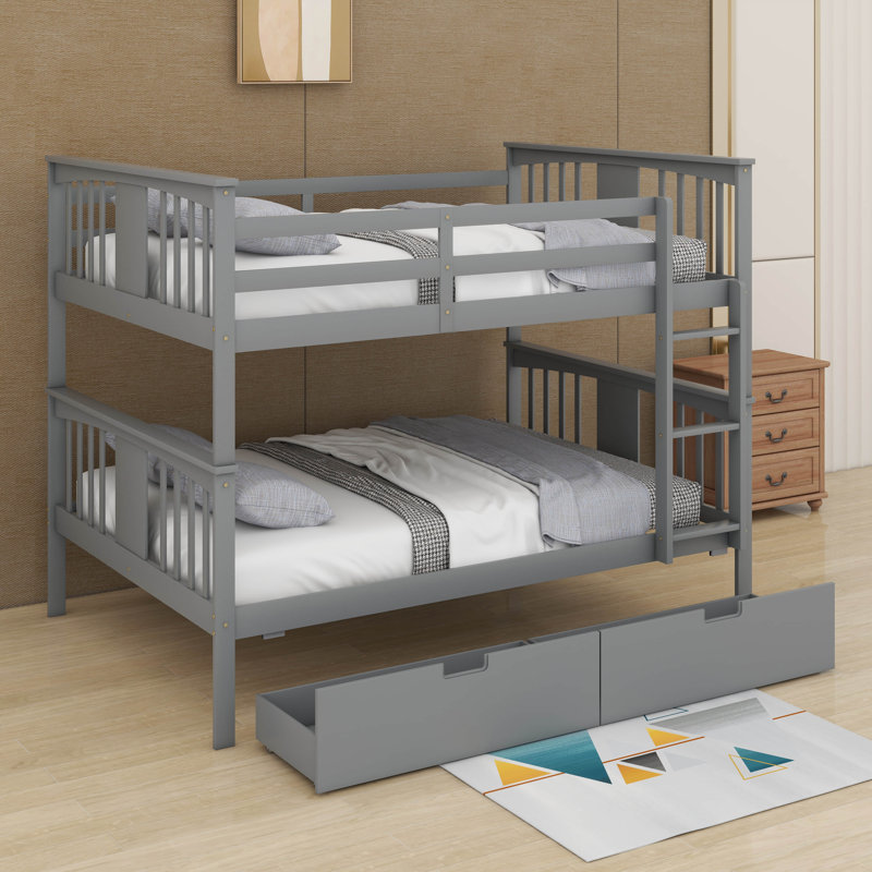 Lit superposé double au-dessus de double avec gigogne, cadre de lit plateforme convertible avec échelle, Gris