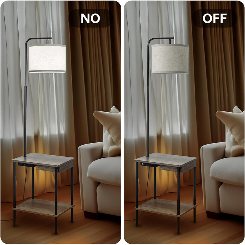 Floor Lamp With Side Table, USB Charging Port, Power Outlet, Shelves & Drawer, Adjustable LED Bulb, Rotatable Lampshade For Living Room, Bedroom, Office