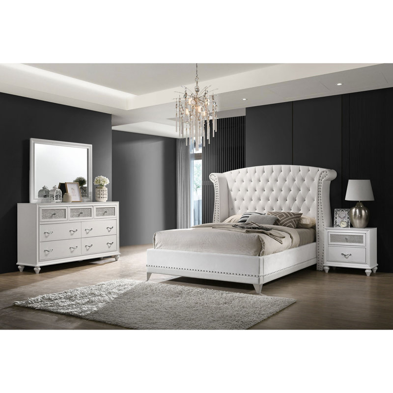 Ensemble de chambre à coucher 4 pièces, lit moderne de style Mid-Century, une table de chevet, une commode et un miroir de commode