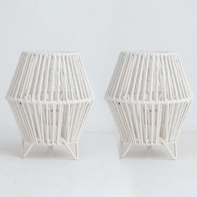 JHY DESIGN Set of 2 Woven Lampshade Table Lamp 7" H Cotton Rope Bedside Lamp Cordless Small Battery Operated Lamp