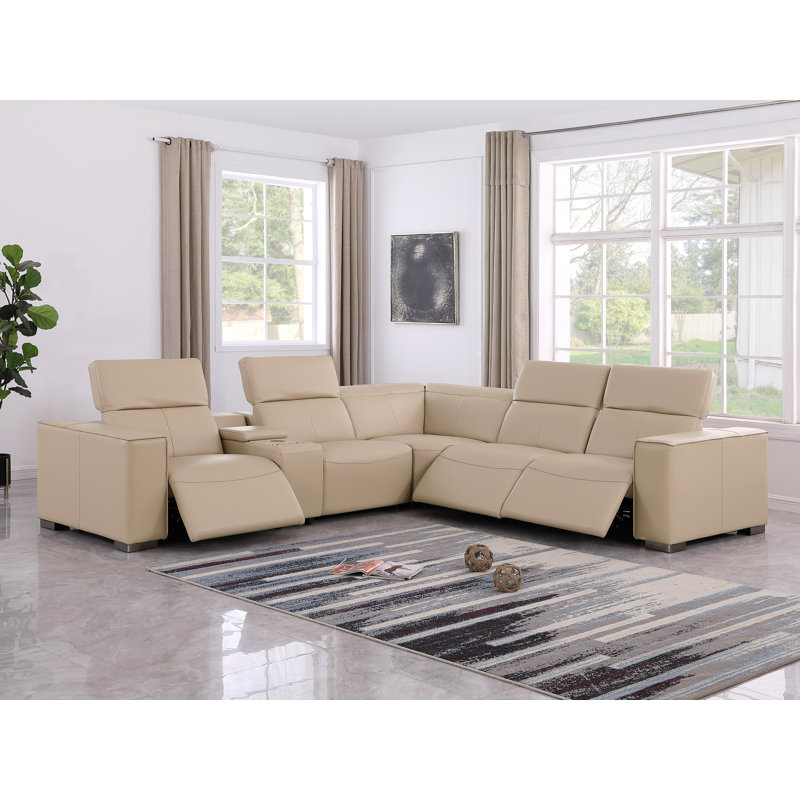 Luxurious Genuine Leather 6-Piece Sectional With 3 Power Reclining Seats & Power Headrest, Beige