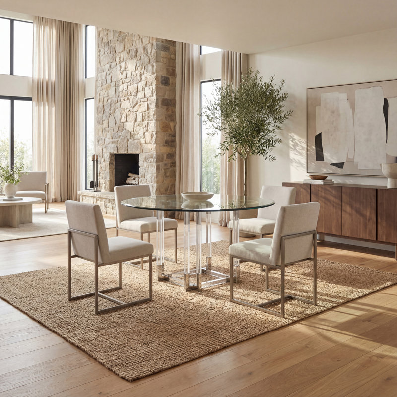 Table de salle à manger Reiner, H 30 po x L 54 po x l 54 po, Argenté/Transparent