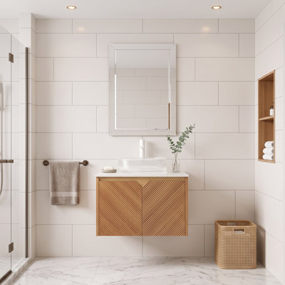 Meuble-lavabo mural 24 po en contreplaqué, couleur grain de bois de chêne brun, armoire de rangement imperméable et anti-déformation avec portes doubles en sergé et garniture en métal, vasque ronde en verre transparent et plateau en pierre frittée blanc de Carrare
