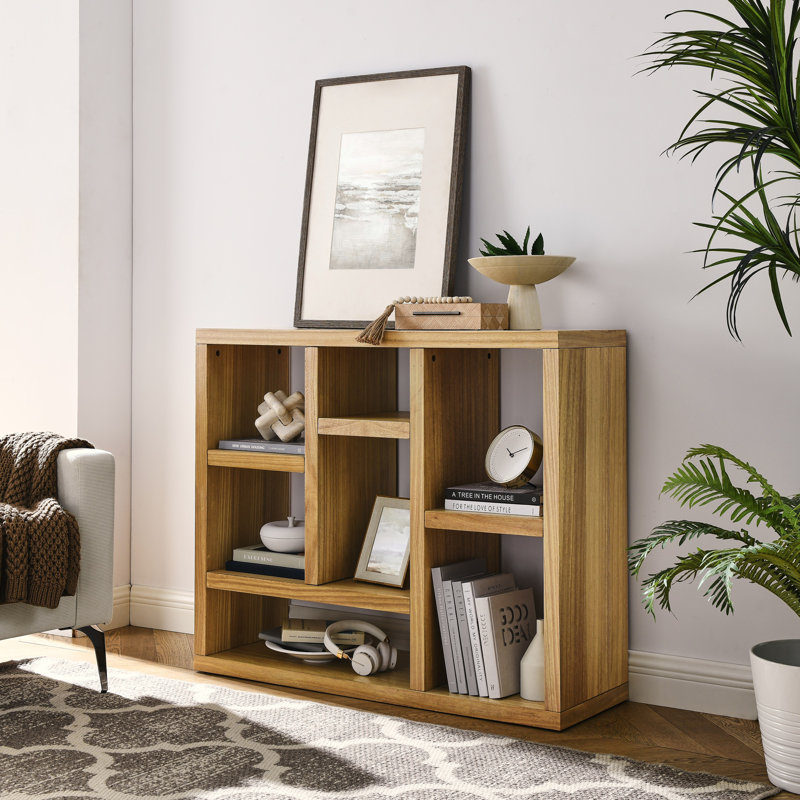 Bibliothèque de rangement autoportante de 43 po de largeur, présentoir à cubes avec 7 espaces de rangement, Bois naturel