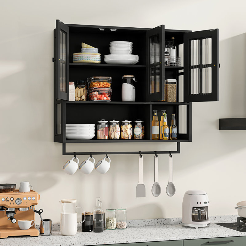 Bathroom Wall Cabinet, 3-Door Wall Cabinet With Open And Hidden Storage Space, Black