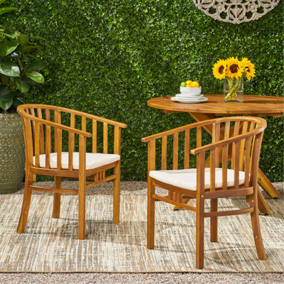Chaises de salle à manger d'extérieur en bois avec coussins, ensemble de 2, crème, finition teck