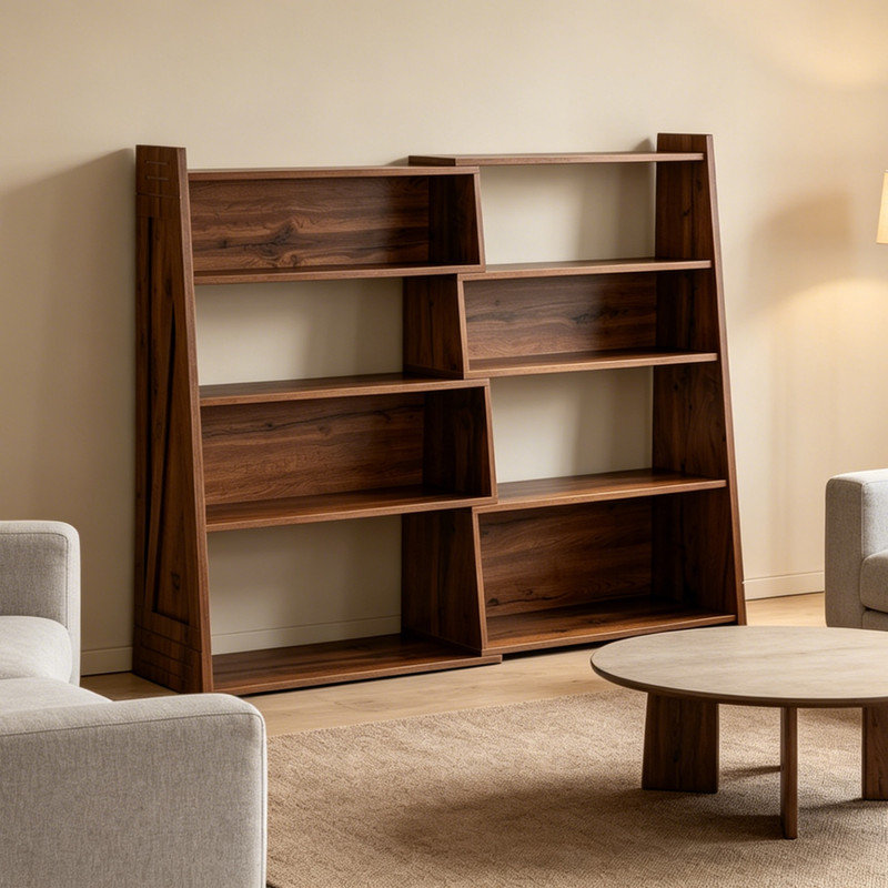 Bibliothèque modulaire asymétrique ouverte en bois de noyer, étagère de rangement convertible, Brun