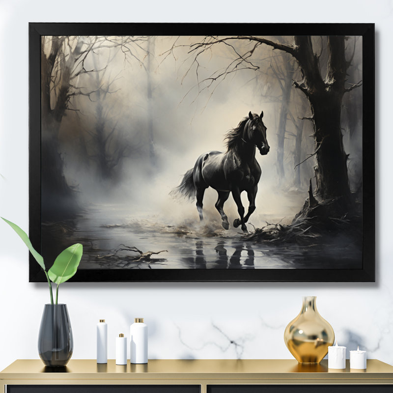 «Gray Horse Misty Morning Canter I», art mural encadré, H 16 po x l 32 po x P 1 po, Cadre simple noir