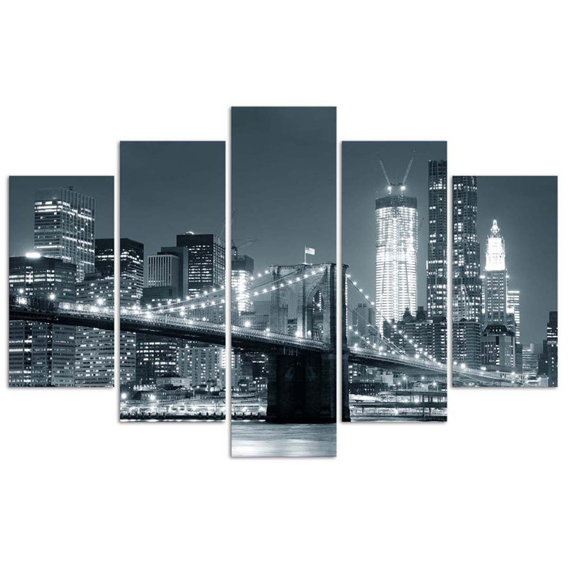 New York Bridge Black And White - 5 Piece Wrapped Canvas Print