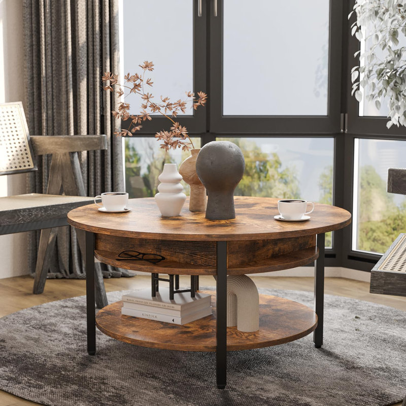 Round Lift Top Coffee Table With Hidden Storage, 2-Tier Farmhouse Design For Living Room, Multifunctional Small Circle Table With Adjustable Height