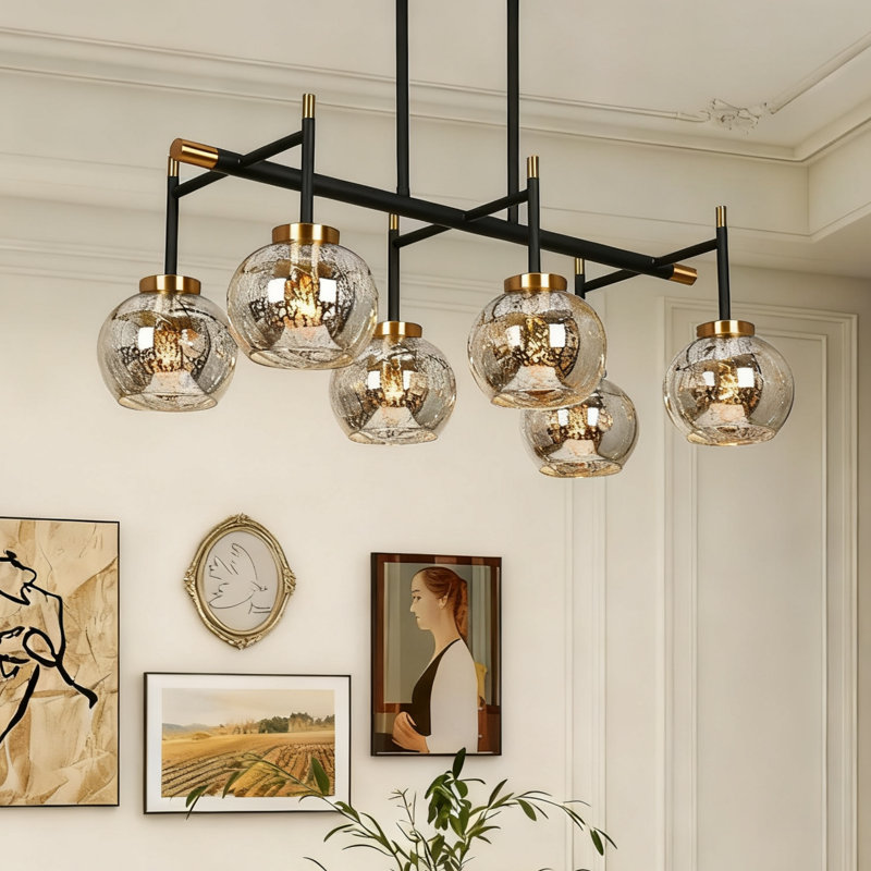 Cicel 6-Light Dimmable Kitchen Island Linear Pendant with Mercury Glass, Black/Brass
