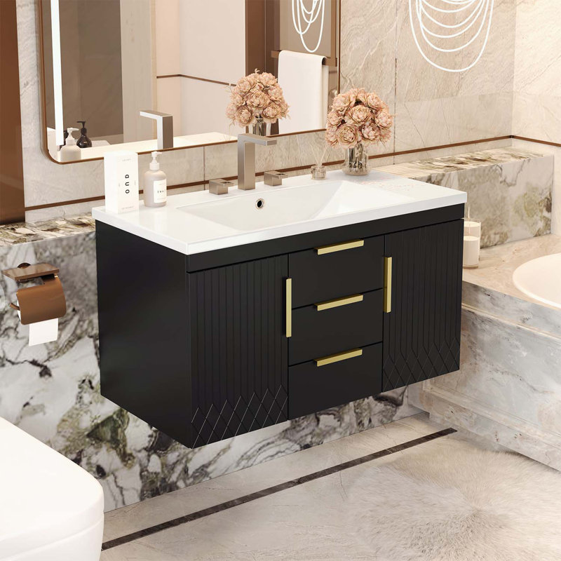 Sophisticated Wall-Mounted Bathroom Vanity with Premium Sink and Ample Storage Space, Black