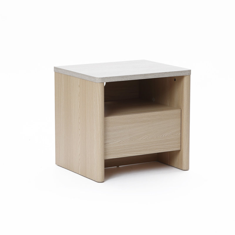 Table de chevet moderne 19,7 po avec plateau en faux travertin et tablette ouverte, 1