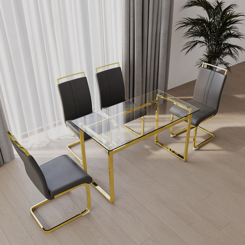 Ensemble de table de salle à manger pour 4 personnes, ensemble de table de salle à manger et chaises avec pieds plaqués, plateau de table en verre trempé