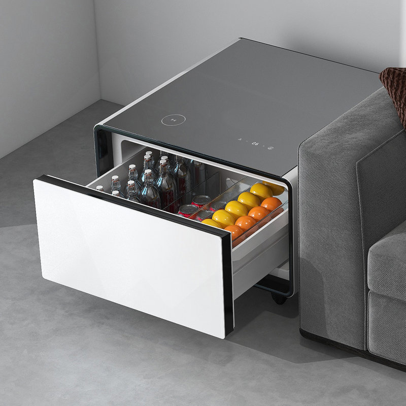 Table d'appoint moderne et intelligente avec réfrigérateur intégré, charge sans fil, contrôle de la température, Noir blanc
