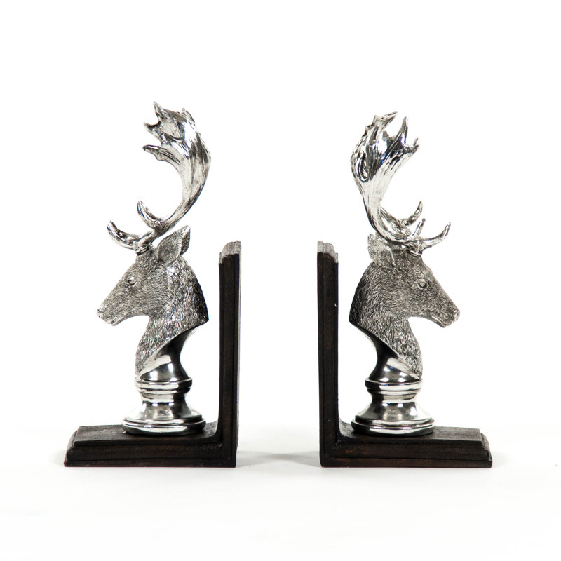 Silver Deer Head Resin Bookends with Black Base, Set of 2