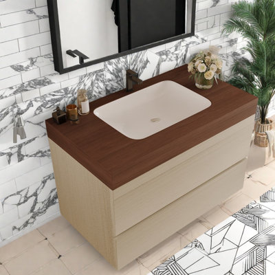 Meuble-lavabo flottant moderne (qui doit inclure à la fois un meuble-lavabo et un lavabo) avec rangement, 29,9 pouces en bois de noyer fritté, en céramique, fixé au mur pour les petites salles de bain