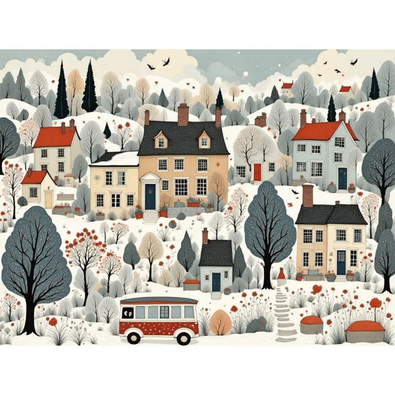 Village d'hiver fantaisiste avec toits rouges, H 16 po x l 24 po
