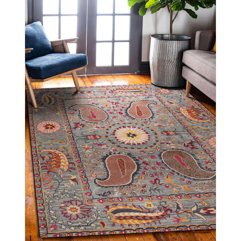 Tapis bleu en laine touffeté à la main Colleen, Rectangle 5 pi x 8 pi