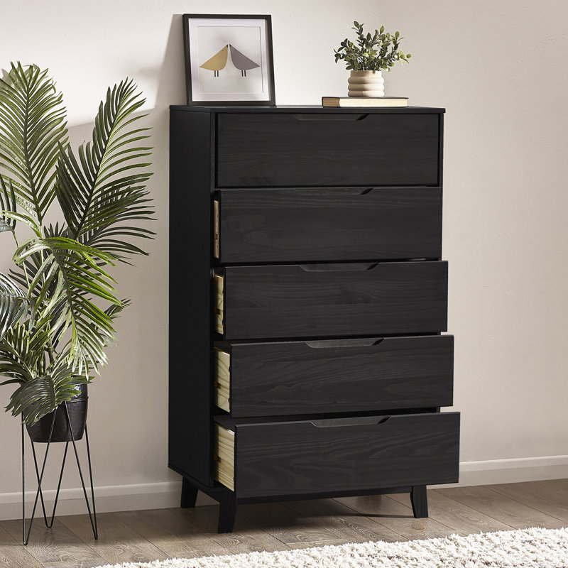 Jerred 5 Drawer Solid Wood Chest, Black Grain