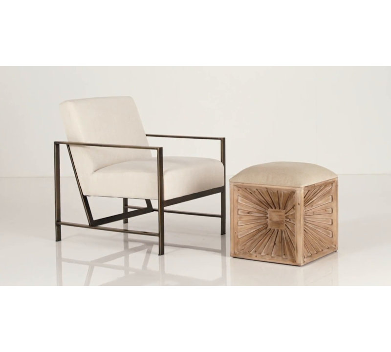 Natural Fir Wood Cube Ottoman with Linen Cushion