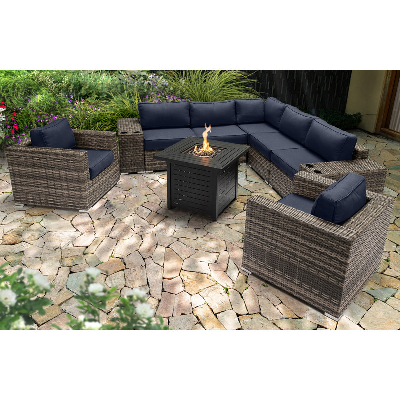 Ensemble de conversation modulaire 10 pièces avec coussins Sunbrella et foyer en métal Lsi, Bleu marine