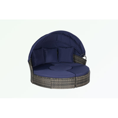 Outdoor Patio Round Daybed with Retractable Canopy and Storable Table