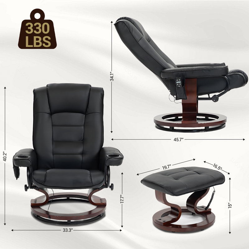 Massage Recliner with Ottoman Swivel Wood Base, Adjustable Recline, Faux Leather Lounge Chair with Footrest for Living Room and Bedroom, Black