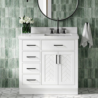 Chevron 37 Inch Right Offset Single Rectangle Vanity Bathroom Vanity with Pure White Quartz Countertop 1.5 Inch in White