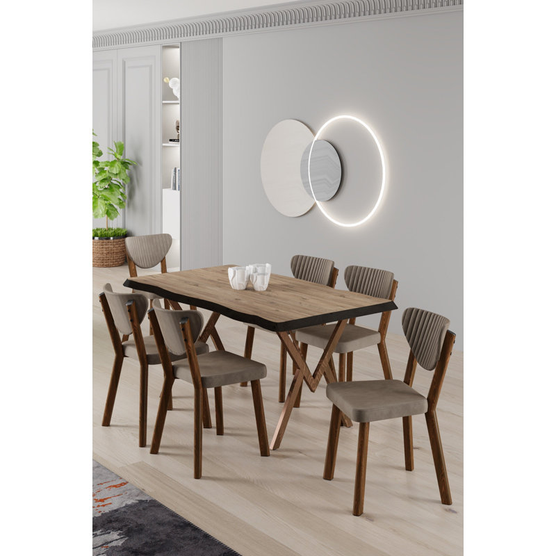 Akort Series Dining Set: 130x80 cm Lacquered Table & 6 Premium Babyface Fabric Chairs