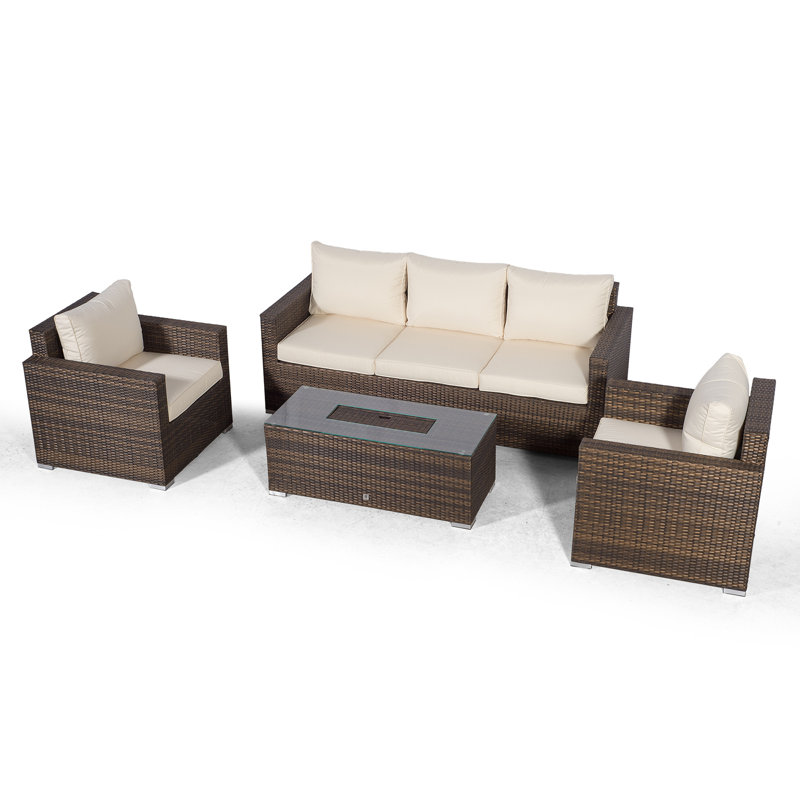 Villatoro Brown Rattan 3 Seat Sofa + 2 X Armchairs & Ice Bucket Rectangle Coffee Table, Outdoor Patio Garden Furniture